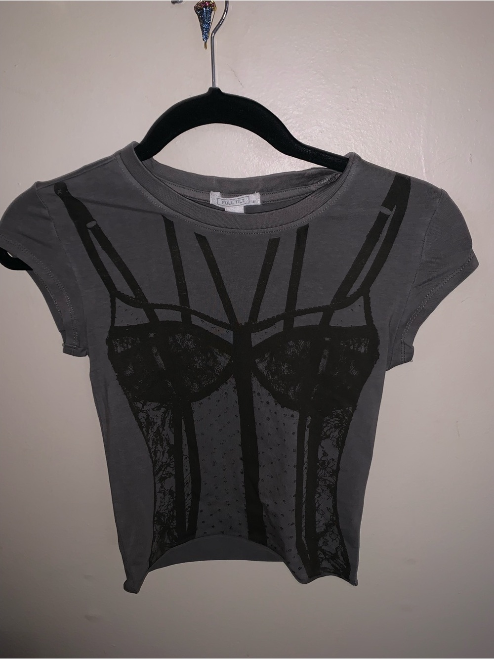Tilly's Gray Tee with Black Corset Print